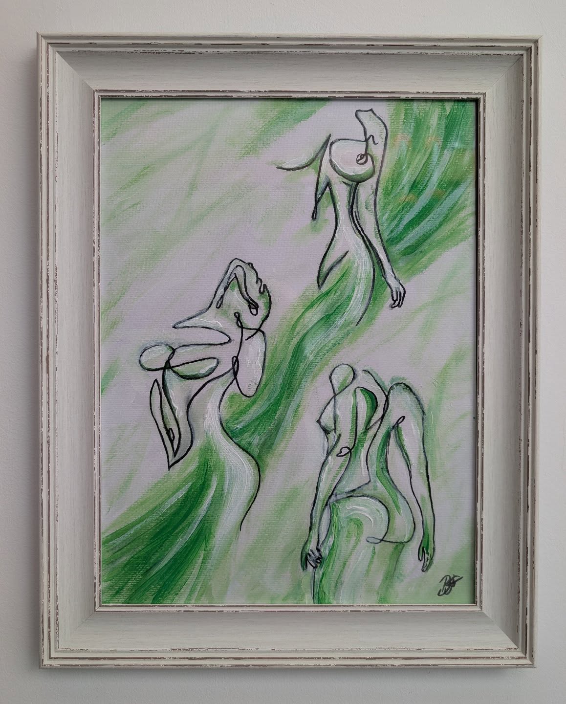 Framed line-drawing painting of three figures in green
