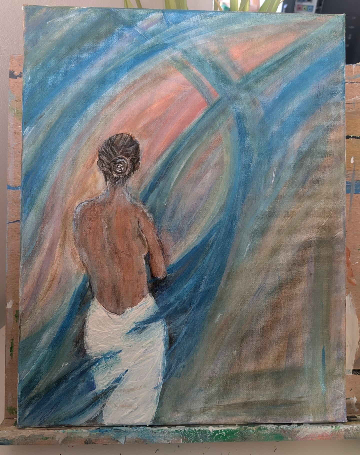 Painting of a figure looking out over blue water