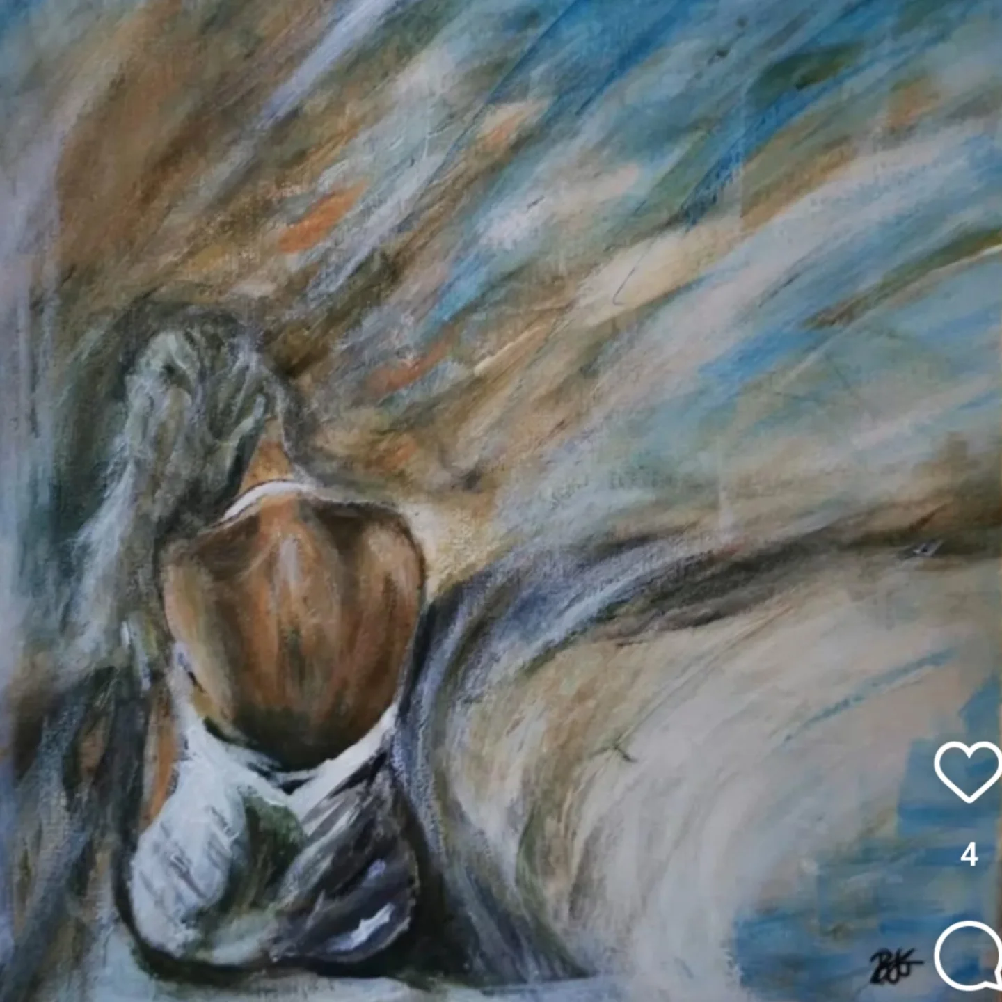 Painting of a figure with wind-blown hair against a coastal sky